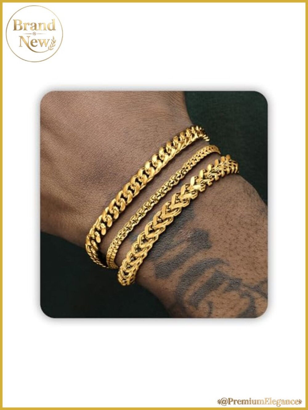 Men's Stainless Steel Gold Bracelet Set Cuban Link, Box & Bead Chains